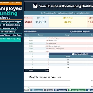 May include: A digital spreadsheet interface for self-employed accounting, featuring income and expense ledgers, tax calculators, and financial snapshots. The interface displays key financial metrics, including profit margin and estimated tax due.