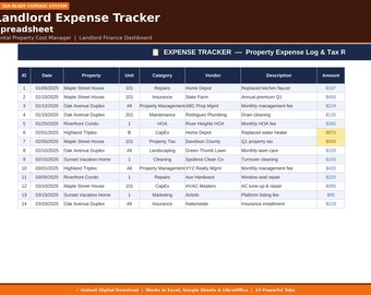 Landlord Expense Tracker Spreadsheet | Rental Property Cost Manager | Landlord Finance Dashboard