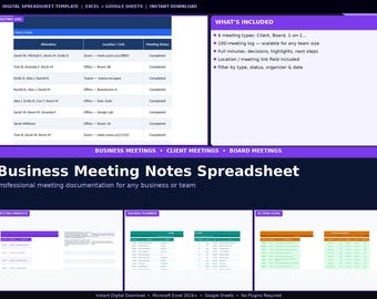 Business Meeting Notes Spreadsheet | Meeting Minutes Dashboard | Meeting Follow Up Tracker Template