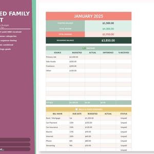 Pode incluir: Um modelo de orçamento digital para uma família composta, com seções para renda, despesas e saldo restante. O documento inclui uma discriminação das fontes de renda e uma lista de contas com datas de vencimento e status. O título é "BLENDED FAMILY BUDGET".