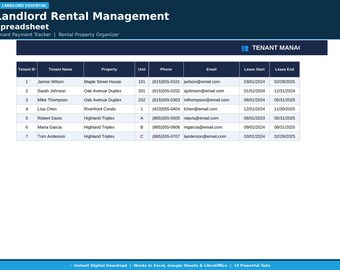 Landlord Rental Management Spreadsheet | Tenant Payment Tracker | Rental Property Organizer
