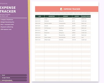 Expense Tracking Spreadsheet | Daily Spending Log with Budget Remaining | Category Dropdowns | Excel Google Sheets