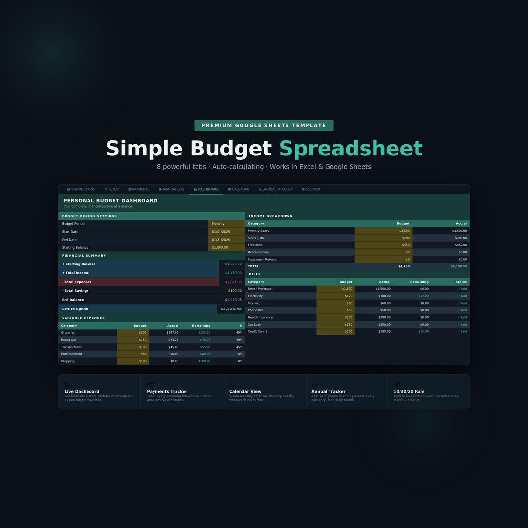 Simple Budget Spreadsheet DARK MODE VERSION Google Sheets & Excel ...