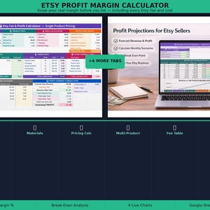 Op de afbeelding: Een Etsy winstmargecalculator met meerdere tabbladen, waaronder een calculator voor één product en winstprojecties. De afbeelding toont een laptop met een spreadsheet, een notitieboek en een pen. De tekst luidt "ETSY PROFIT MARGIN CALCULATOR".