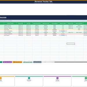 May include: A digital spreadsheet titled "Revenue Tracker Tab" with data organized in columns for invoice number, client, invoice date, and payment status. The spreadsheet includes color-coded sections and a summary at the bottom.