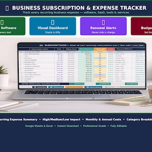 May include: A laptop displays a business subscription and expense tracker. The screen shows a spreadsheet with subscription details. The image includes a potted plant, glasses, a notepad, a pen, and a coffee cup. Text on the screen includes "SaaS & Software" and "Budget Control."