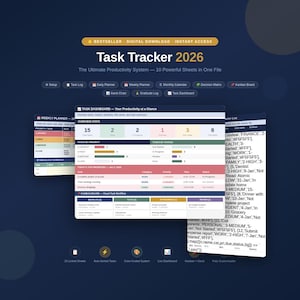 May include: Digital task tracker for 2026, a productivity system with 10 sheets. The interface is dark blue with white and colored text. Features include a weekly planner, task log, and Gantt chart. The design is clean and modern.
