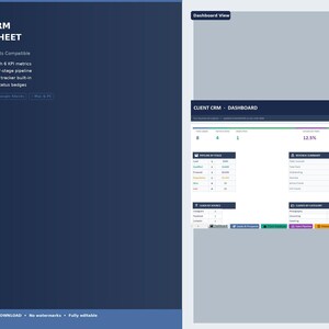 Puede incluir: Una plantilla de hoja de cálculo digital para la gestión de relaciones con los clientes (CRM). El diseño azul y blanco incluye una vista de panel, métricas de KPI, un rastreador de clientes potenciales y seguimiento de ingresos. El texto dice "CLIENT CRM SPREADSHEET".