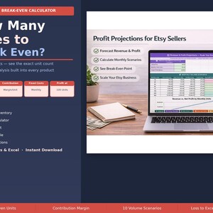 Puede incluir: Una calculadora de punto de equilibrio de Etsy con el título "How Many Sales to Break Even?" sobre un fondo azul oscuro. La imagen incluye una computadora portátil que muestra proyecciones de ganancias, un cuaderno y una taza de café. La calculadora es para Google Sheets & Excel.
