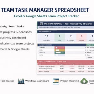 May include: A digital spreadsheet titled "Team Task Manager Spreadsheet" for Excel and Google Sheets. The image displays a task dashboard with key metrics, task priorities, and status updates. It includes features for managing tasks, tracking progress, and organizing projects.