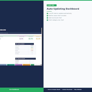 May include: A digital dashboard with the title "CLIENT CRM - DASHBOARD" and the text "Auto-Updating Dashboard". The dashboard includes charts and data tables with financial metrics and lead information. The bottom of the image says "Live Dashboard".