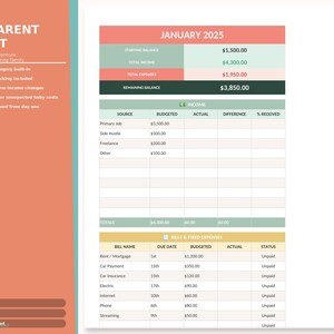 May include: A new parent budget template for January 2025, with sections for income, expenses, and bills. The document includes a starting balance of $1,500.00 and a remaining balance of $3,850.00. Features include baby expense tracking and childcare cost tracking.