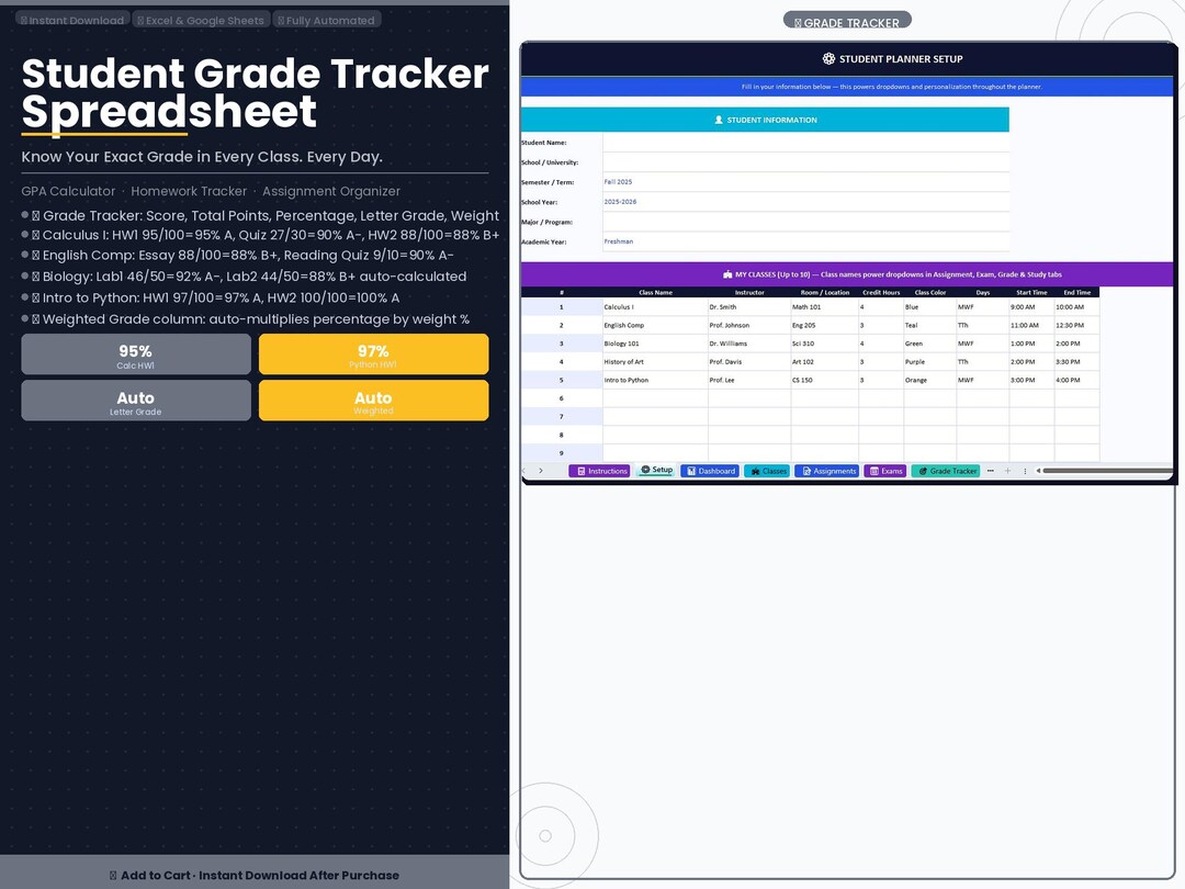 Student Grade Tracker Spreadsheet | GPA Calculator | Homework Tracker ...