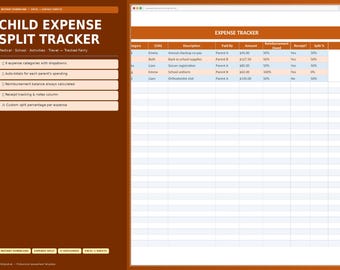 Co Parenting Expense Tracker Spreadsheet | Child Cost Split Calculator, Shared Parenting Budget Template