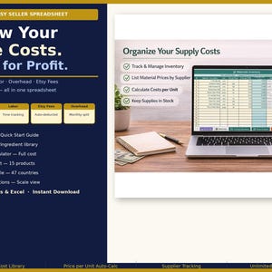 May include: An Etsy seller spreadsheet with the text "Know Your True Costs. Price for Profit." The image shows a laptop displaying a spreadsheet, with features to organize supply costs, track inventory, and calculate costs per unit. Includes a quick start guide and pricing calculator.