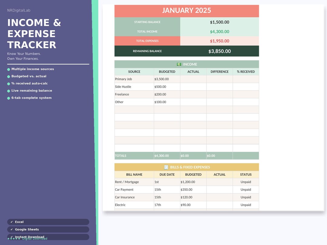 Income and Expense Tracker Spreadsheet | Personal Budget | Monthly ...