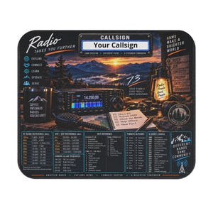 Könnte beinhalten: Ein rechteckiges Mauspad mit einer Grafik zum Thema Funk und einem Berg-Sonnenuntergang im Hintergrund. Es zeigt ein Yaesu-Funkgerät, einen Becher, eine Laterne und einen Notizblock. Das Design enthält Frequenztabellen, Alphabete und Q-Codes.