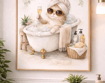 Grappige badkamer kat kunst aan de muur afdrukbare, kat in bad spa kunst, humoristische badkamer decor, schattige kat badkamer print, grappige dieren badkamer kunst