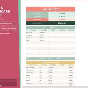 May include: A financial budget template for nurses and healthcare professionals. The document includes sections for income, expenses, and a summary for January 2025. The template is available for Excel and Google Sheets.