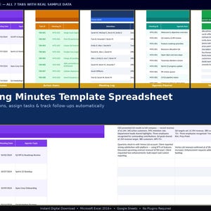 May include: A digital spreadsheet template titled "Meeting Minutes" with seven tabs. The tabs include Meeting Minutes, Action Items, Meeting Log, Agenda Planner, and Team Members. The template is designed to record decisions, assign tasks, and track follow-ups automatically.