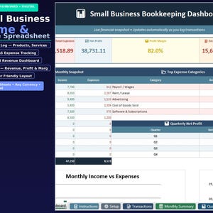 May include: Digital business income and expense spreadsheet with a blue and white design. The spreadsheet includes sections for digital income logs, expense tracking, and revenue dashboards. It is designed for small business bookkeeping.