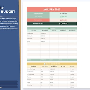 May include: A financial document titled "MILITARY FAMILY BUDGET" for January 2025. The document includes sections for income, expenses, and remaining balance. It also lists bills and fixed expenses with due dates and budgeted amounts.
