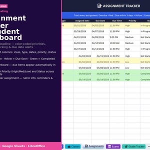 Assignment Tracker Spreadsheet | Student Homework Tracker | Study Planner Template | School Assignment Organizer