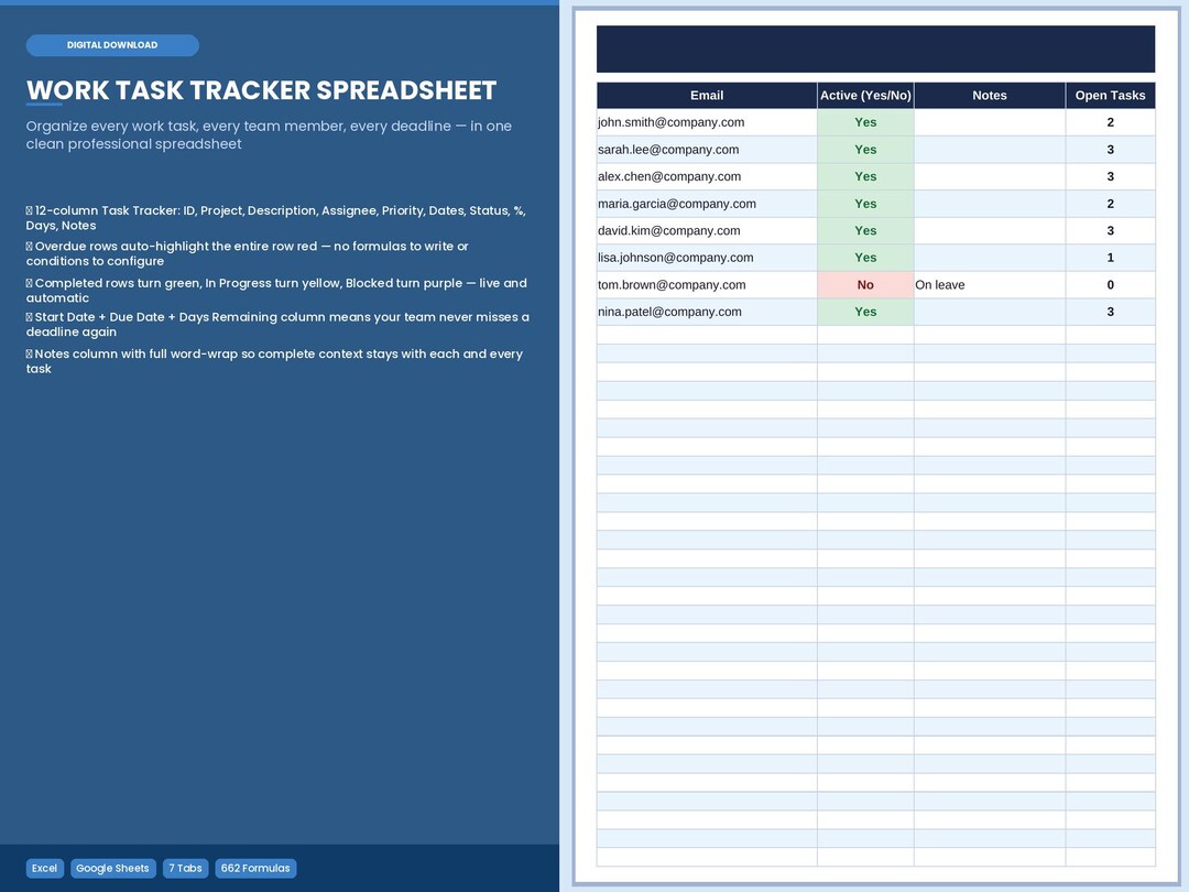 Work Task Tracker Spreadsheet for Teams | Team Task Organizer Dashboard ...
