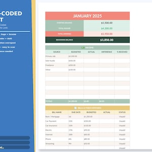 Può includere: Un modello di budget con codice colore per gennaio 2025, con sezioni per entrate, spese e saldo rimanente. Il documento utilizza il corallo per le spese, la salvia per le entrate e l'oro per le bollette. Il modello è intuitivo e facile da scansionare.