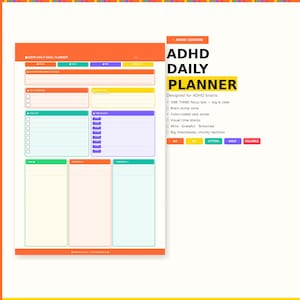 以下が含まれることがあります： カラフルなレイアウトのADHDデイリープランナー。プランナーには、毎日の目標、To-Doリスト、タイムブロックのセクションが含まれています。「ADHD Daily Planner」のテキストが目立つように表示されています。ADHDの方向けに設計されています。