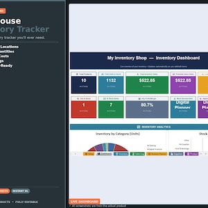Op de afbeelding: Een digitaal dashboard voor voorraadtraking met belangrijke statistieken weergegeven in kleurrijke vakken. Het dashboard toont het totale aantal producten, artikelen op voorraad, de voorraadwaarde en de winstmarge. De tekst "Warehouse Inventory Tracker" staat bovenaan.