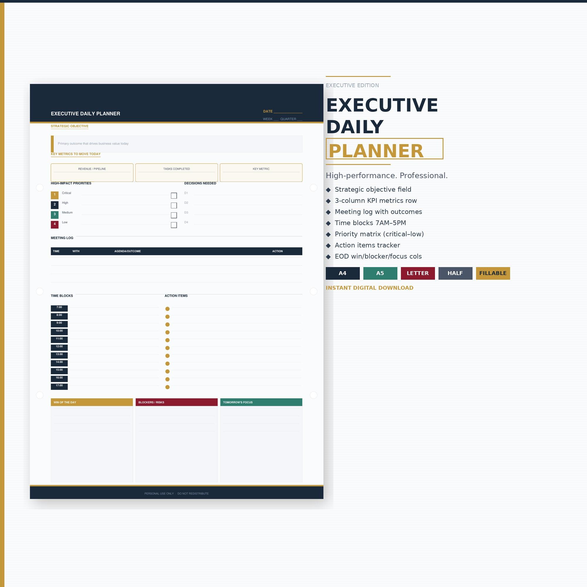 Executive Daily Planner Printable PDF | KPI Tracker Meeting Log Time ...