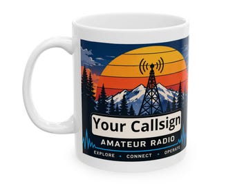 Personalized Ham Amateur Radio Callsign Sunset Mountain Lake Scenic Mug | Mountain Sunset Ceramic Coffee Cup