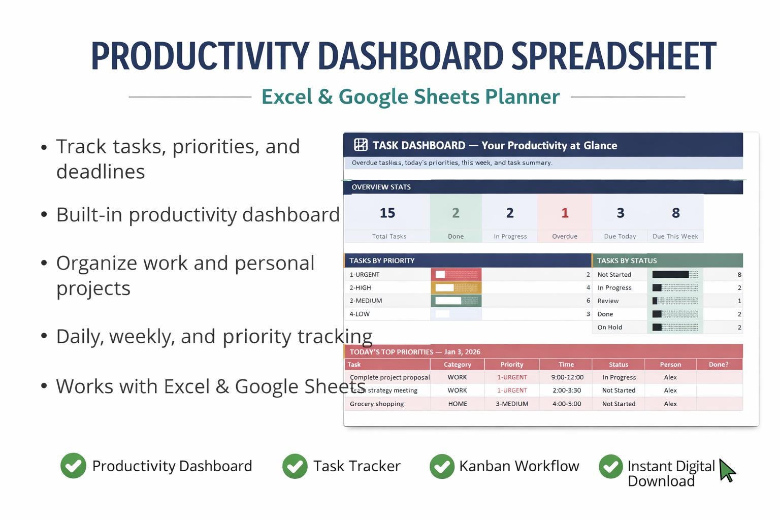 Productivity Dashboard Spreadsheet | Excel & Google Sheets Productivity ...