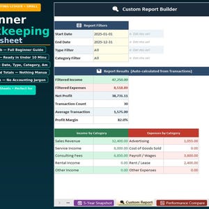 May include: A beginner bookkeeping spreadsheet interface with a dark teal background. The interface displays financial data, including income, expenses, and profit. Text includes "Beginner Bookkeeping Spreadsheet" and "Excel & Google Sheets".