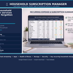 Household Subscription Manager Spreadsheet | Family Bill Tracker | Streaming Apps Excel Sheets