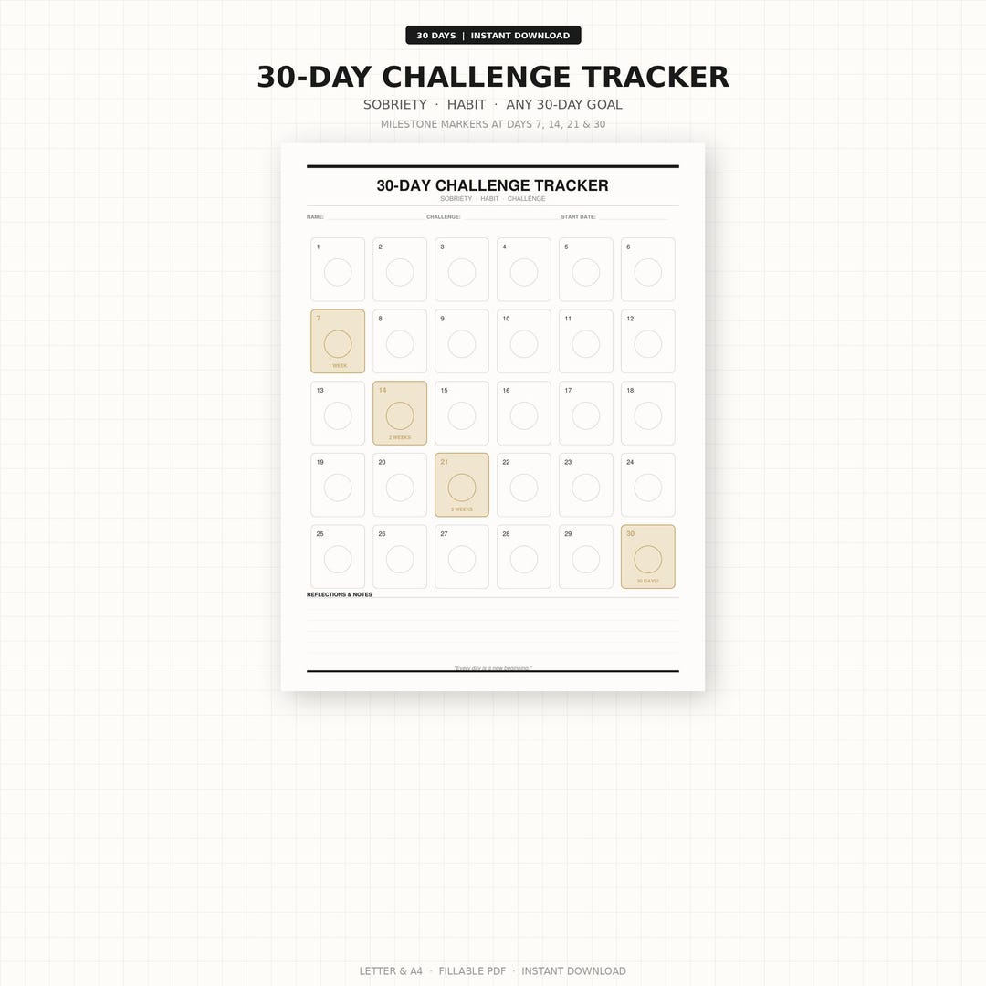 30 Day Challenge Tracker Printable PDF | Sobriety Habit Challenge Log ...