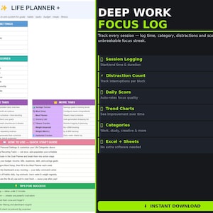 May include: A digital planner with a white and green interface, featuring sections for personal settings, life categories, and planner tabs. The right side displays a "Deep Work Focus Log" with tracking features and an "Instant Download" button.