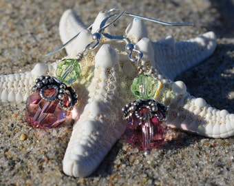 Pink and Green Bali silver and Swarovski Earrings