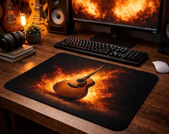 Flaming Acoustic Guitar Desk Mat | Music Keyboard Mouse Pad