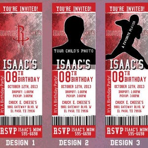 May include: Three birthday party invitations with a red and white color scheme. Each invitation features the text "You're Invited!" and "Isaac's 8th Birthday." Design 1 has a Houston Rockets logo, Design 2 has a silhouette, and Design 3 has a player.