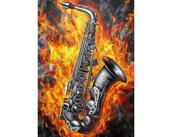 Bold Alto Saxophone on Fire Matte Wall Poster | Music Wall Art