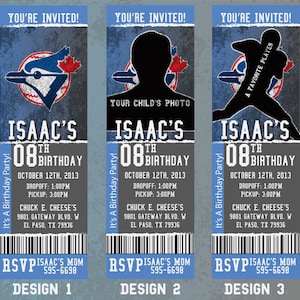 May include: Three birthday party invitations with a blue and grey design. Each invitation says "You're Invited!" and features the text "Isaac's 8th Birthday" with date, time, and location details. Design 1 has a logo, Design 2 has a photo placeholder, and Design 3 has a silhouette.