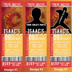 Op de afbeelding: Drie uitnodigingen in ticket-stijl voor een 8e verjaardagsfeest. De uitnodigingen zijn rood, oranje en geel met een zwart silhouet van een hockey-speler, een silhouet van een kind en een silhouet van een hockey-speler in een scorende positie. De uitnodigingen bevatten de naam "ISAAC'S" en de tekst "It's A Birthday Party!" en "RSVP ISAAC'S MOM 595-6698".