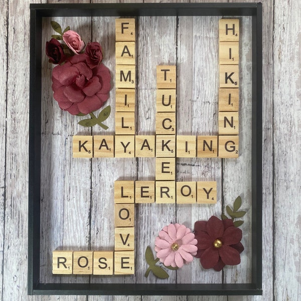 Personalized Scrabble Name Shadow Box, Rustic Farmhouse Family Name Scrabble, Valentine’s  Day Gift, Birthday Gift, Gift for Her or Him