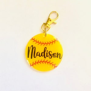 Softball Keychain; 2 inch Resin Softball Keychain; Personalized Softball Keychain; Name on Front number on back