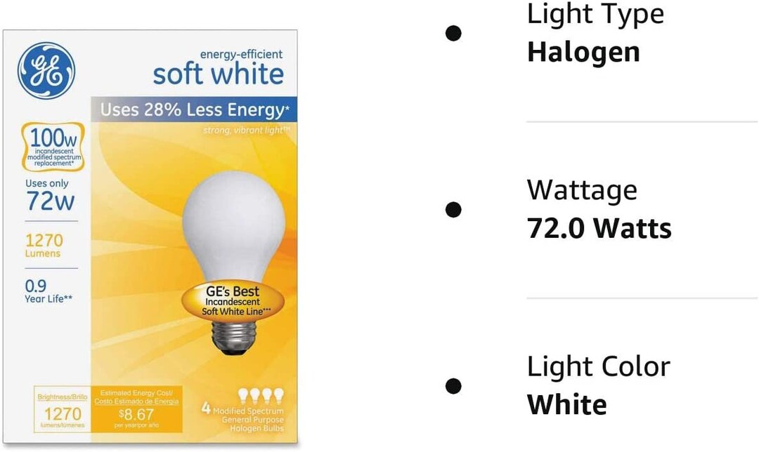 GE 100W Light Bulb USES 72W Halogen Medium Base Soft White A19 4 Count