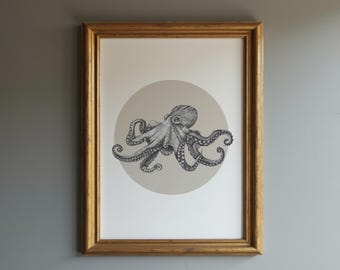 タコの鉛筆画 - 白黒ヴィンテージ海のアートプリント - Etsy 日本