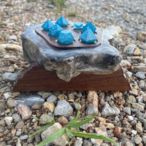 May include: A set of eight blue, multi-sided dice displayed on a wooden tray set into a grey stone. The stone sits on a wooden base, with a natural outdoor background of rocks and greenery.