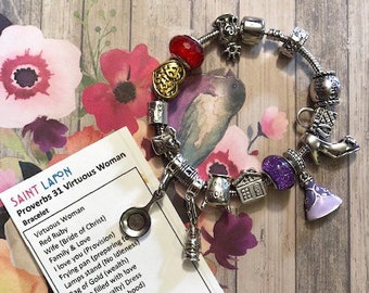 Proverbs 31 Virtuous Woman, Christian Jewelry, Silver Charm Bracelet, Valentine's Day Gifts for Women, Gifts for mom, Gifts for her, Garnet